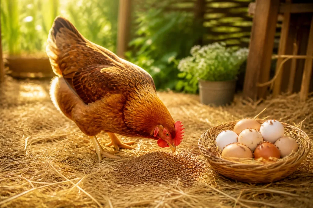 Poule picorant des graines de lin pres des oeufs