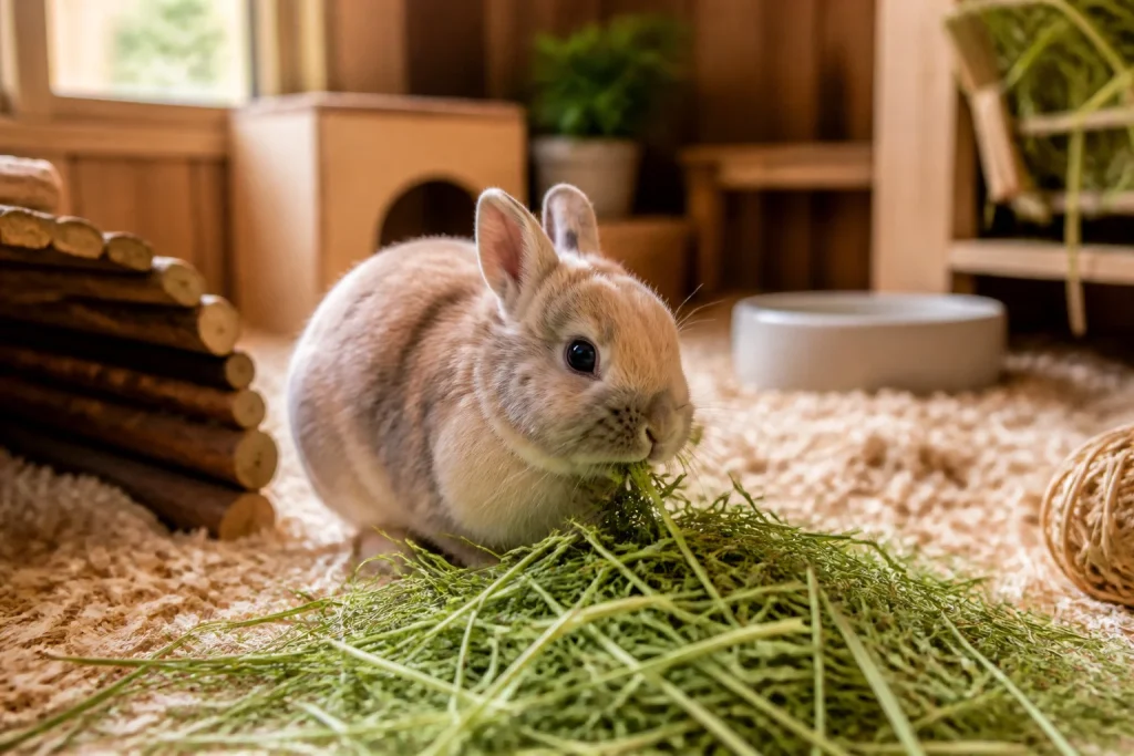 Lapin nain heureux mangeant du foin frais