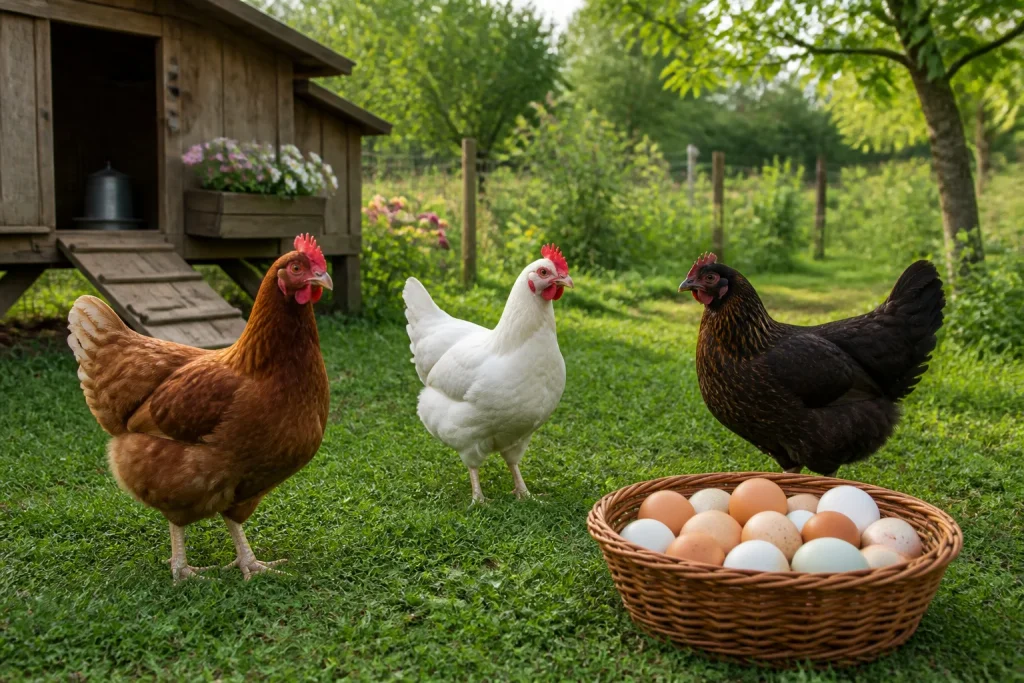 Poules et oeufs frais dans un poulailler