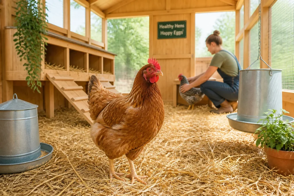 Poule saine dans un poulailler propre